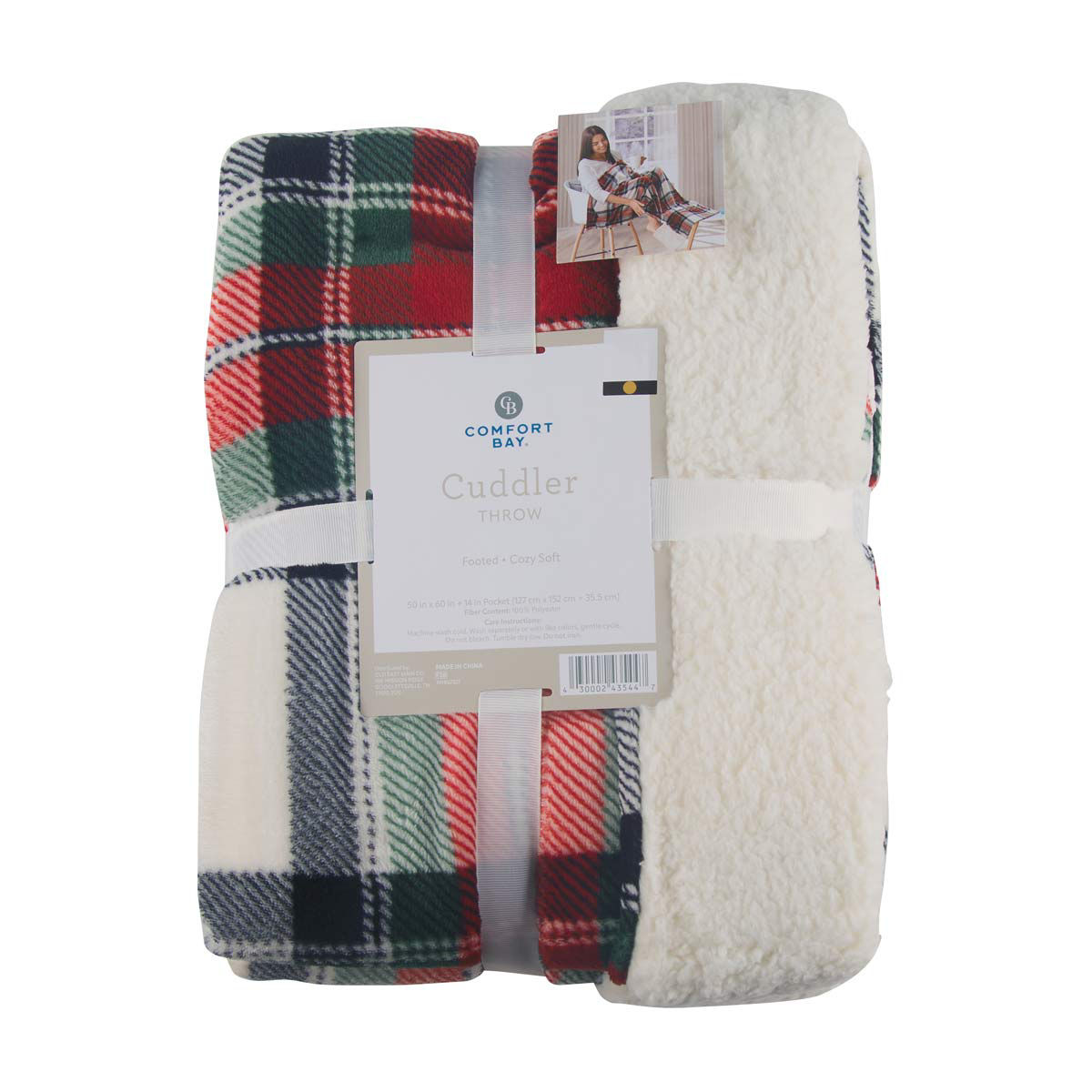 Comfort Bay Cuddler Footed Red and Green Plaid Throw Blanket, 50x60 in
