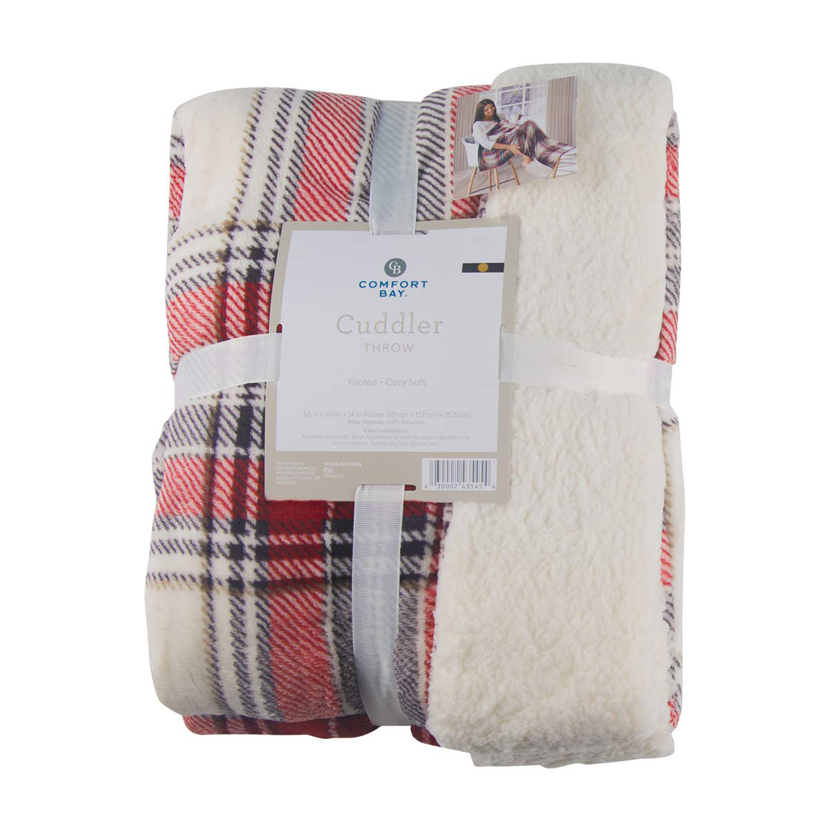 Comfort Bay Cuddler Footed Red and Cream Plaid Throw Blanket, 50x60 in