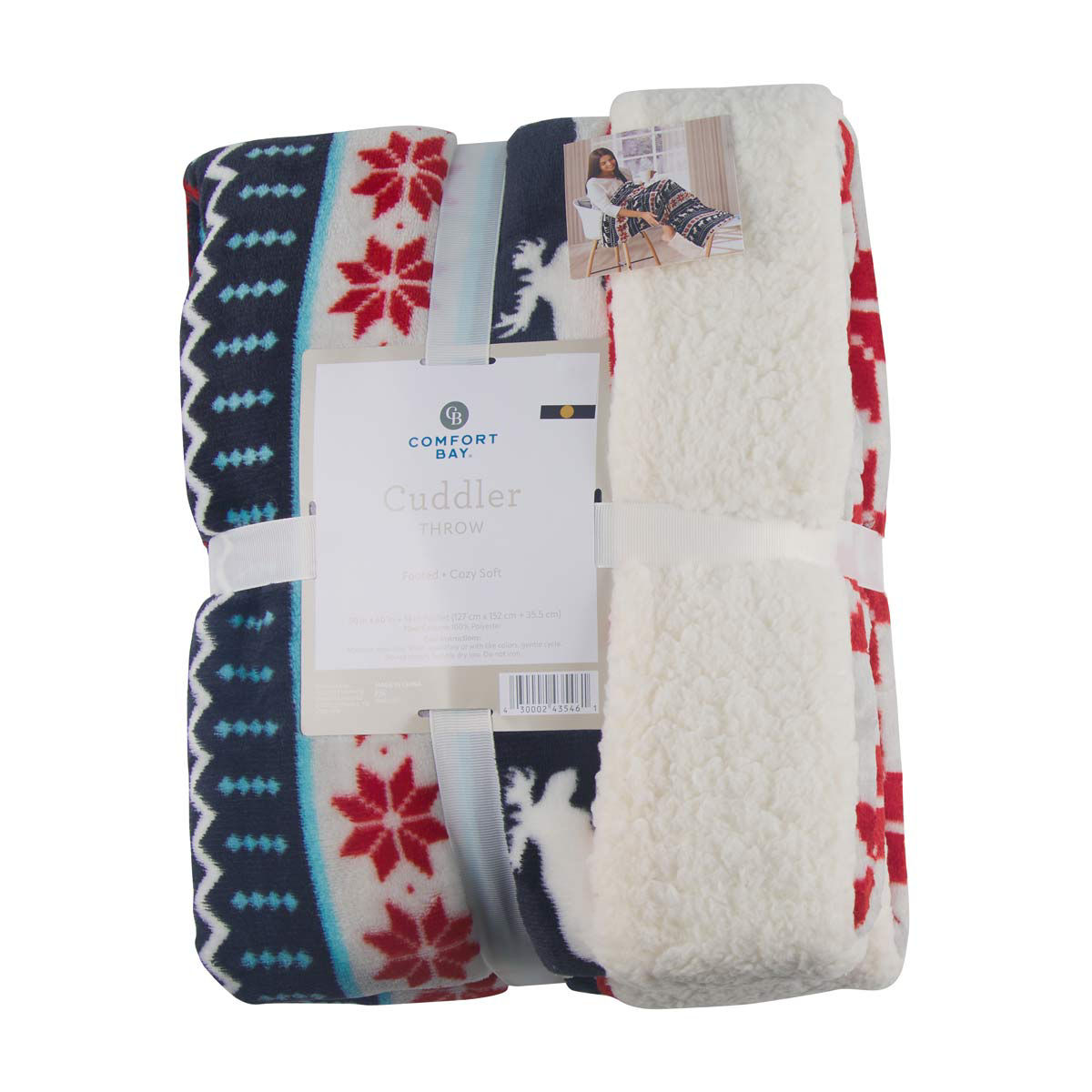Comfort Bay Nordic Reindeer Print Fleece Footed Cuddler Throw Blanket, 50x60 in