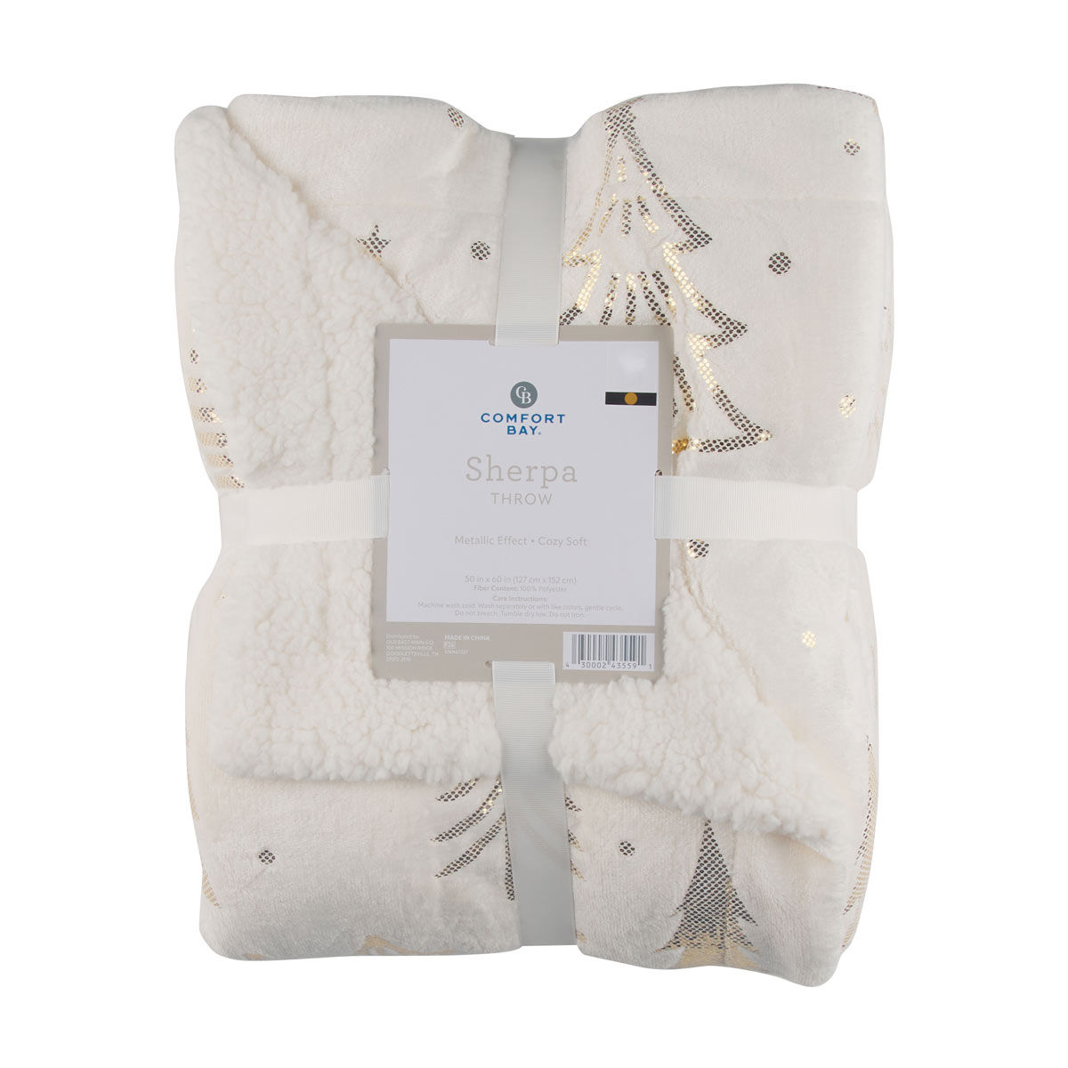 Comfort Bay White Sherpa Throw Blanket with Metallic Gold Christmas Tree Print, 50x60 in