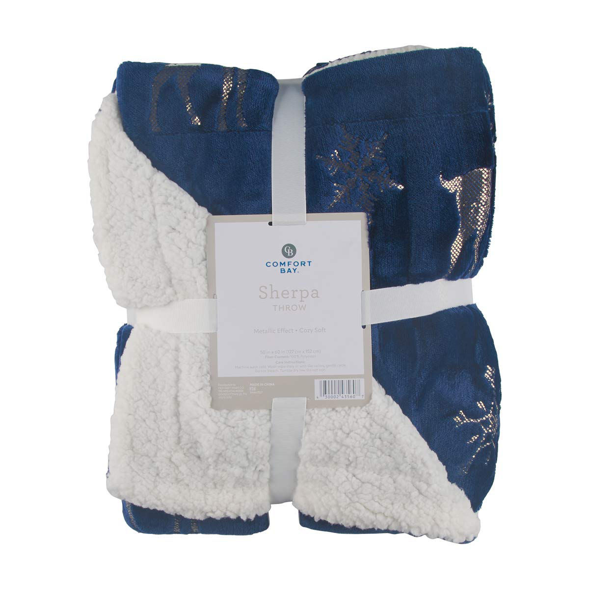 Comfort Bay Navy Sherpa Throw Blanket with Metallic Reindeer & Snowflake Print, 50x60 in