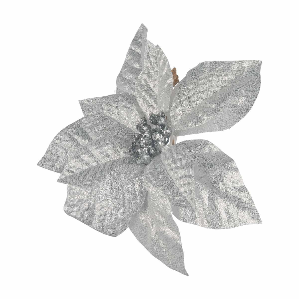 Christmas Silver Poinsettia Clip Pick