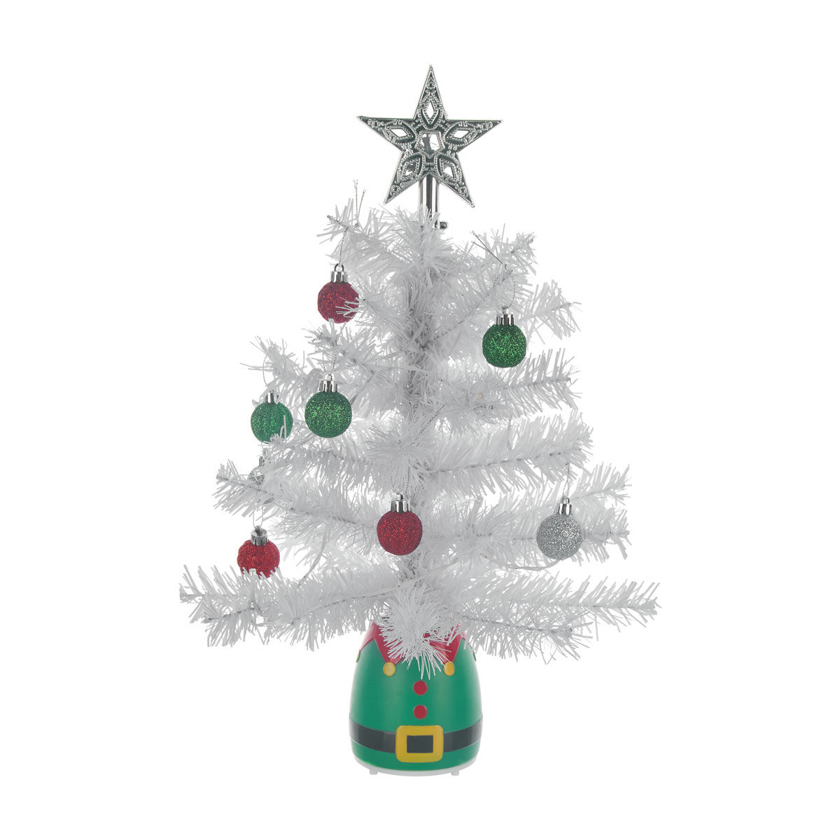 Christmas White Pine Tree with Elf Costume Base, Star Topper & Ornaments, 18 in