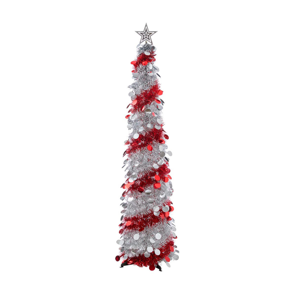 Christmas Silver & Red Tinsel Pop-Up Tree with Star Topper