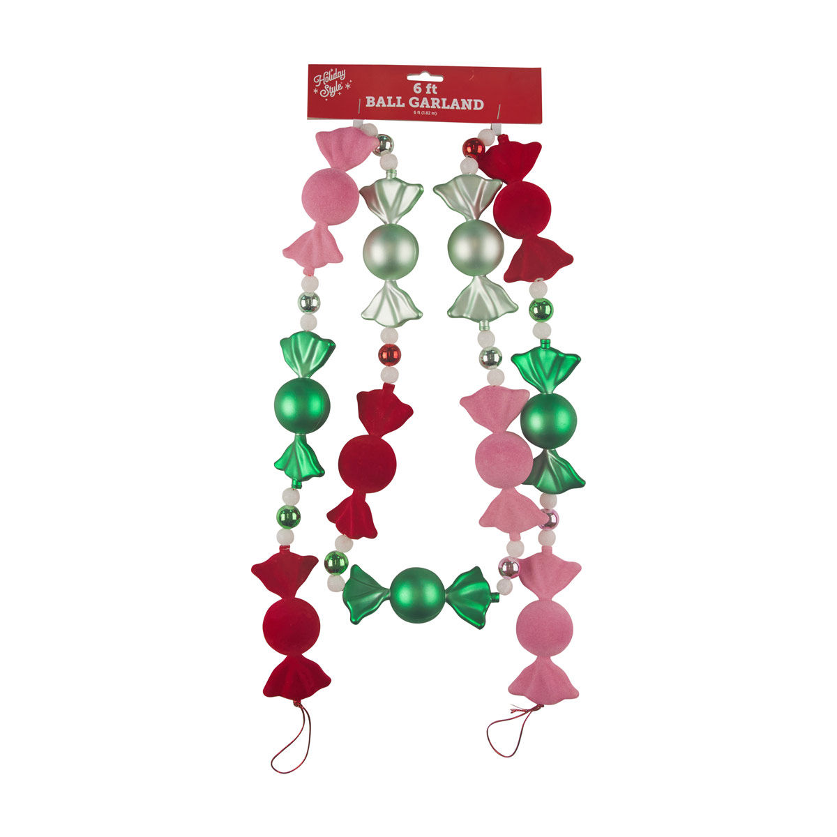 Holiday-Style-Christmas-Pink,-Green-&-Red-Candy-Shaped-Ball-Garland,-6-ft
