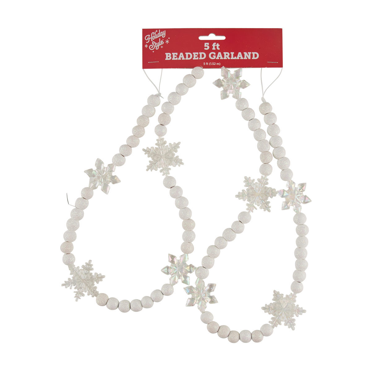 Holiday Style Christmas White Beaded Snowflake Garland, 5 ft