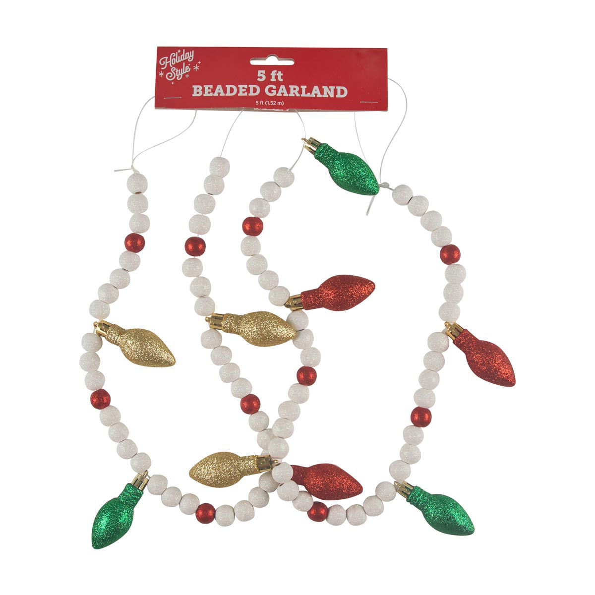 Holiday Style Christmas White Beaded Garland with Red, Gold & Green Light Bulb S