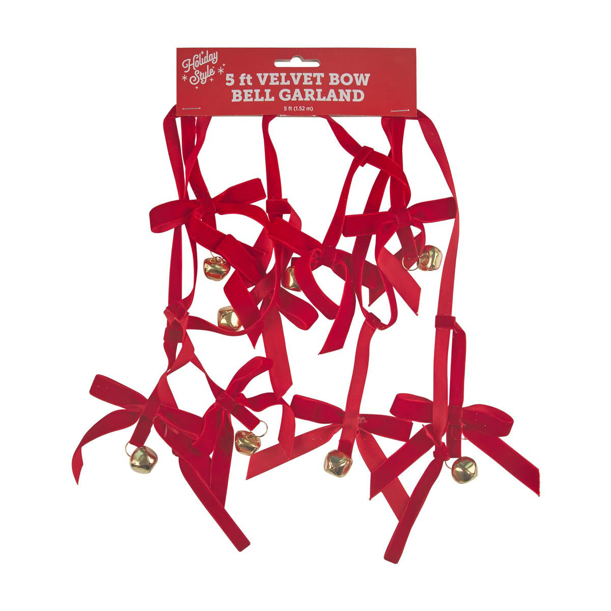 Holiday Style Christmas Red Velvet Bow & Bell Garland, 5 ft