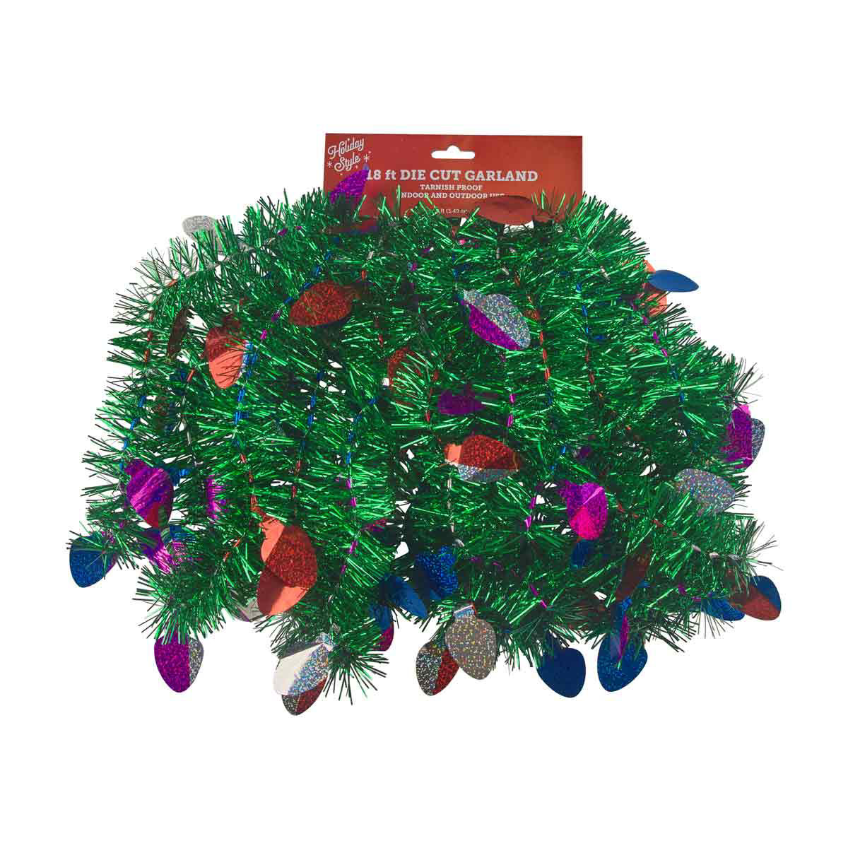 Holiday Style Christmas Green Die-Cut Light Bulb Tinsel Garland, 18 ft