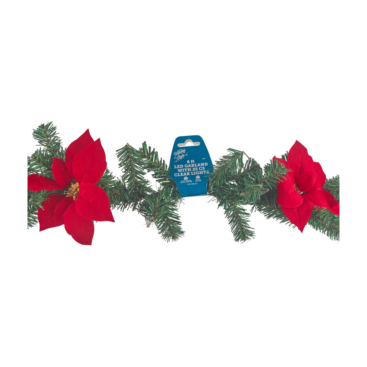 Holiday Style Christmas Red Poinsettia Clear LED Garland, 6 ft