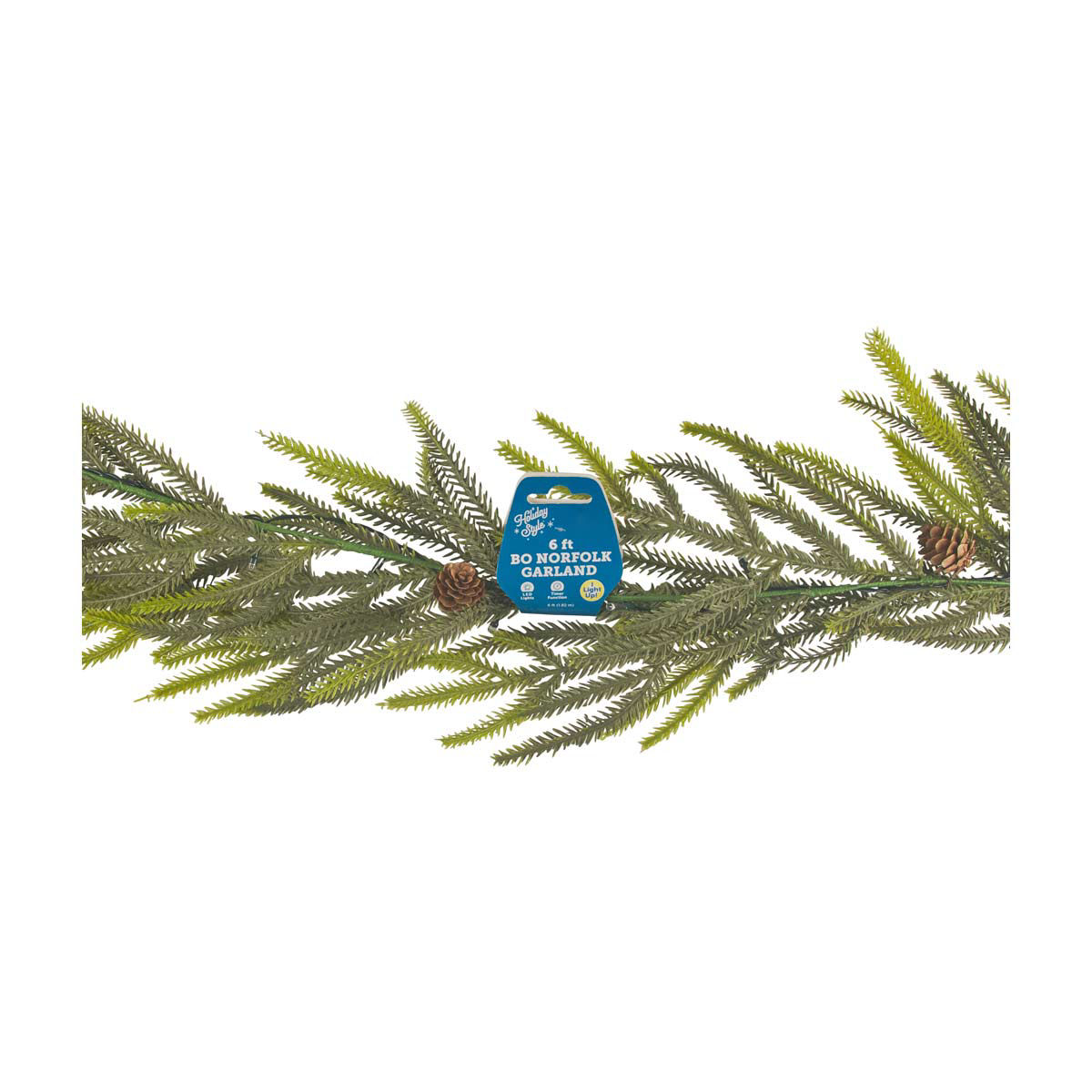 Holiday Style Christmas Norfolk Pine LED Pinecones Garland, 6 ft