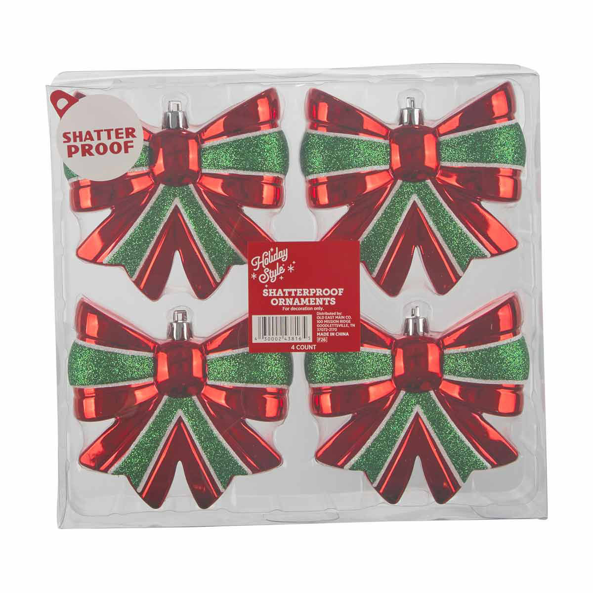 Holiday Style Red & Green Glitter Bow Shatterproof Ornaments, 4 ct