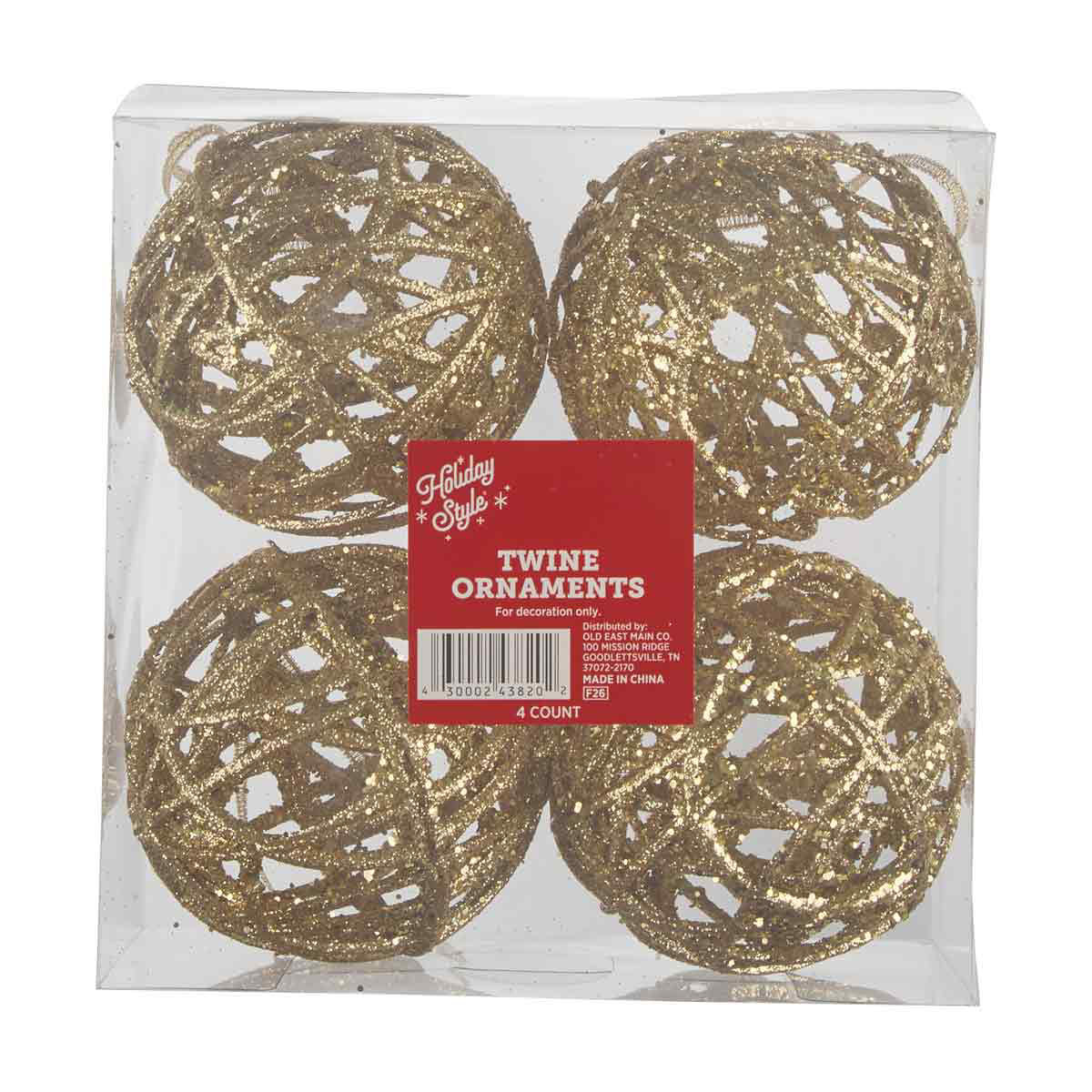 Holiday Style Christmas Gold Glitter Twine Ball Ornaments, 4 ct
