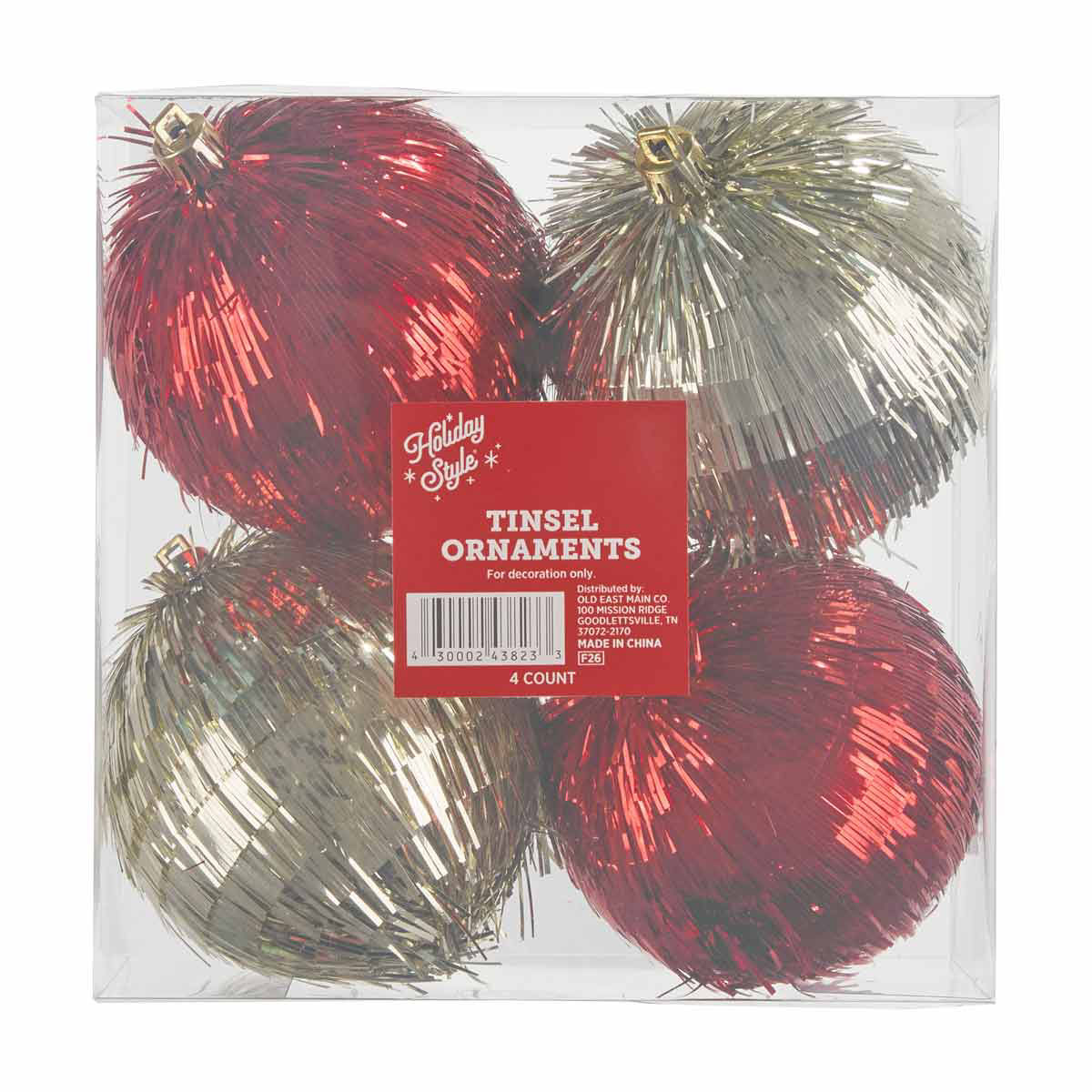 Holiday Style Christmas Tinsel Ball Ornaments, 4 ct, 2 Assorted Colors