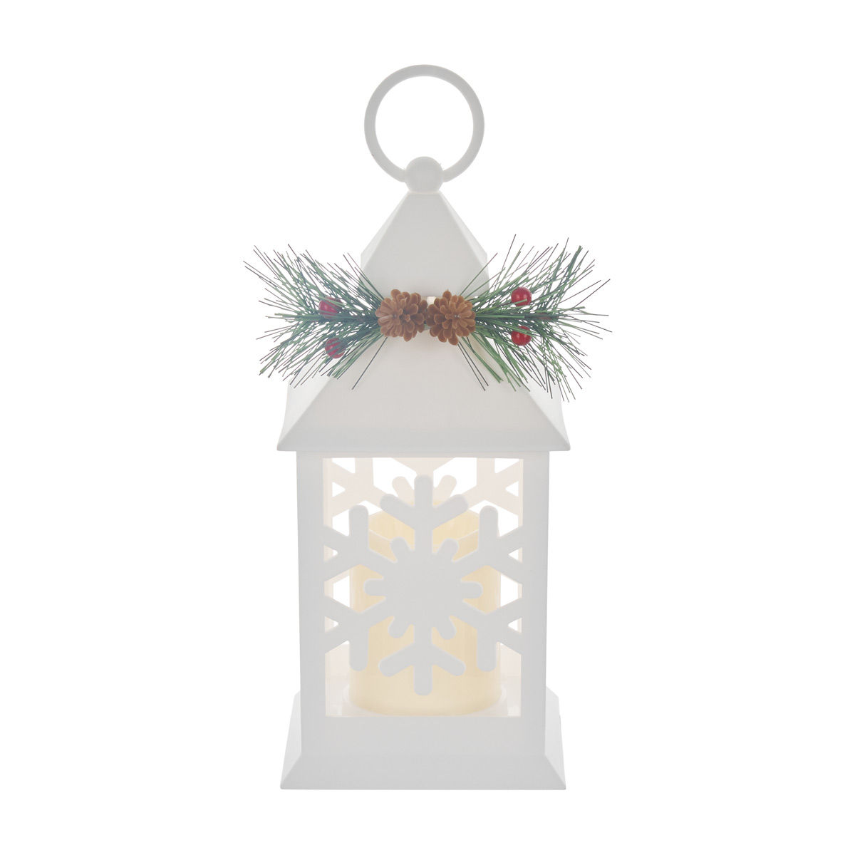 Christmas White LED Snowflake-Cutout Table Lantern with Pinecone Accent