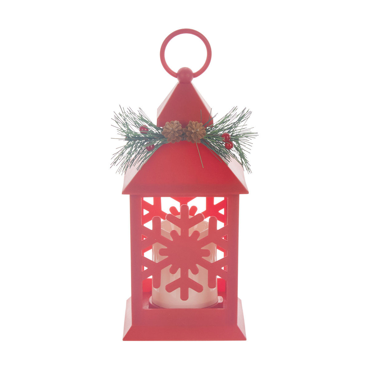 Christmas Red LED Snowflake-Cutout Table Lantern with Pinecone Accent