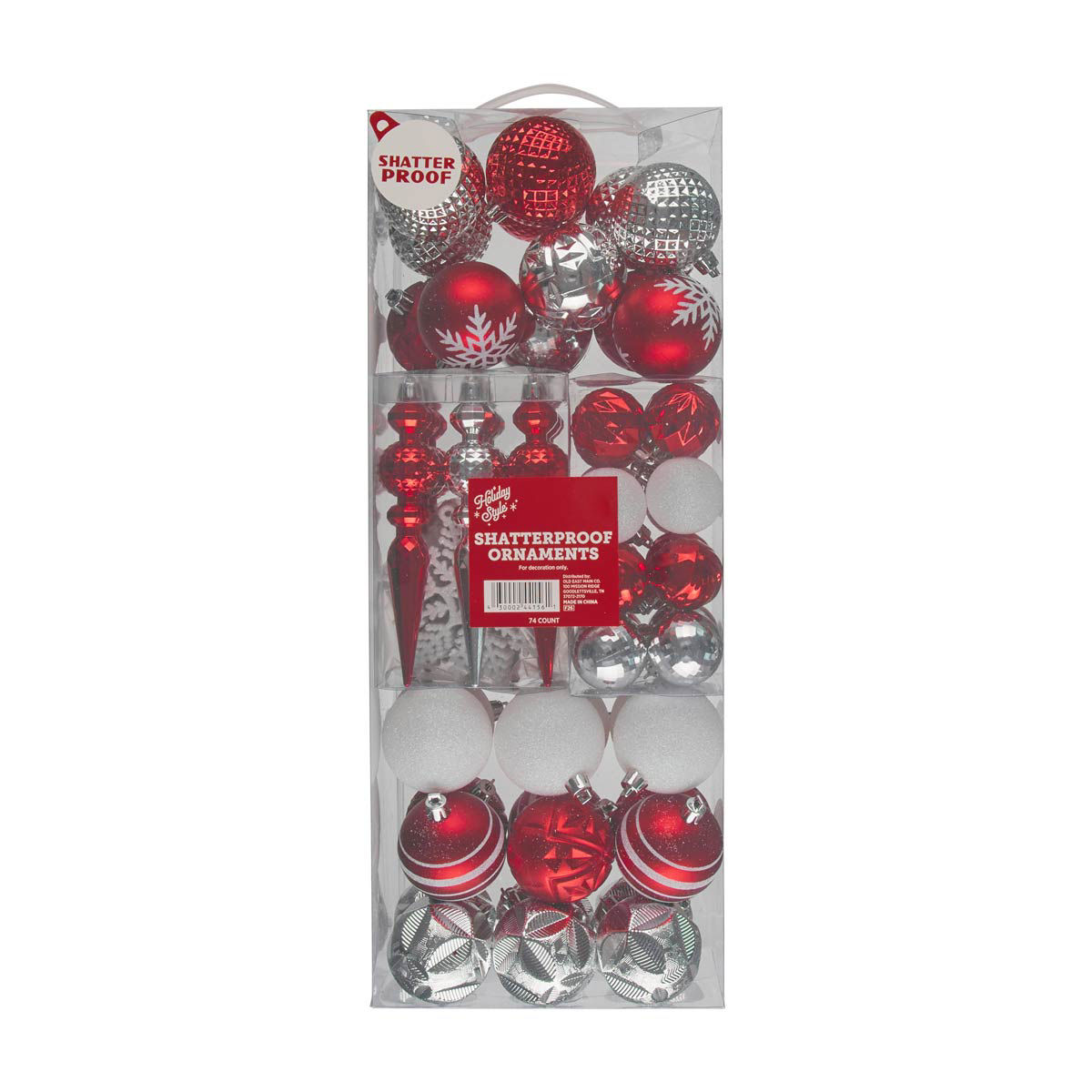 Holiday Style Red, White & Silver Shatterproof Ornaments, 74 ct