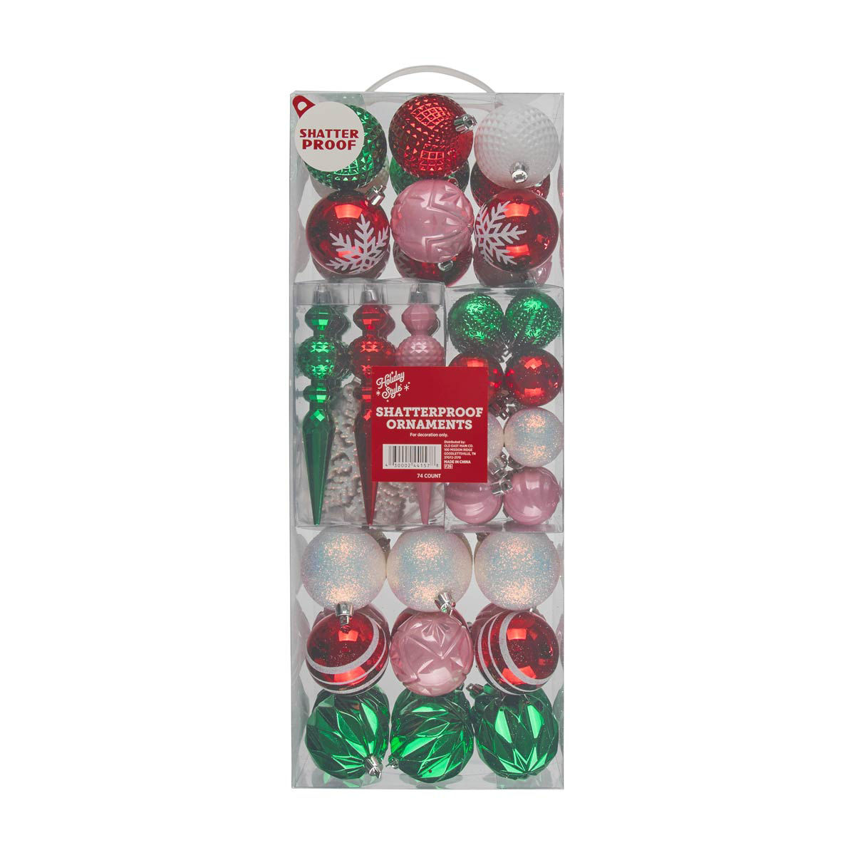 Holiday Style Pink, Green & Red Shatterproof Ornaments, 74 ct
