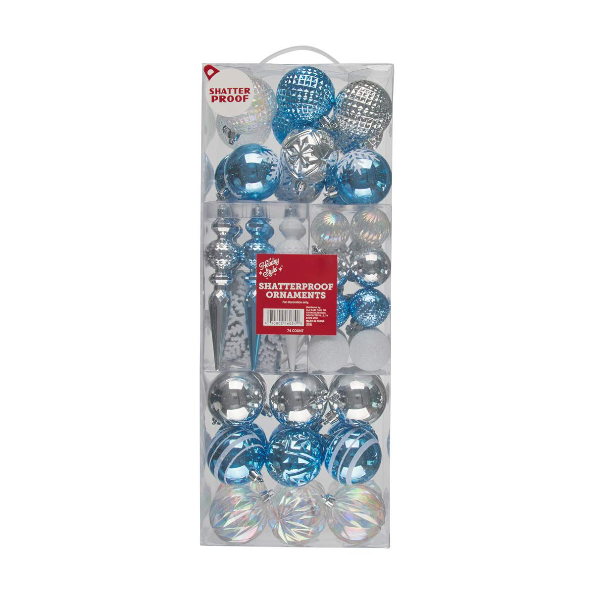 Holiday Style Clear, Blue & Silver Shatterproof Ornaments, 74 ct
