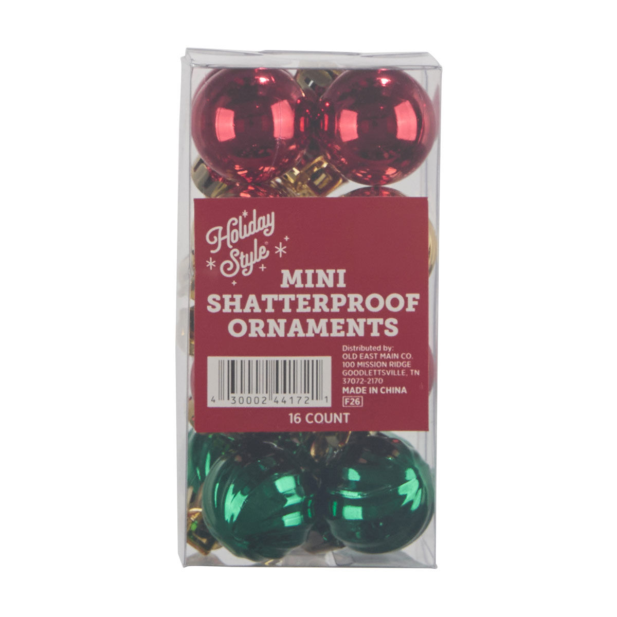 Holiday Style Mini Gold, Red & Green Shatterproof Ornaments, 16 ct