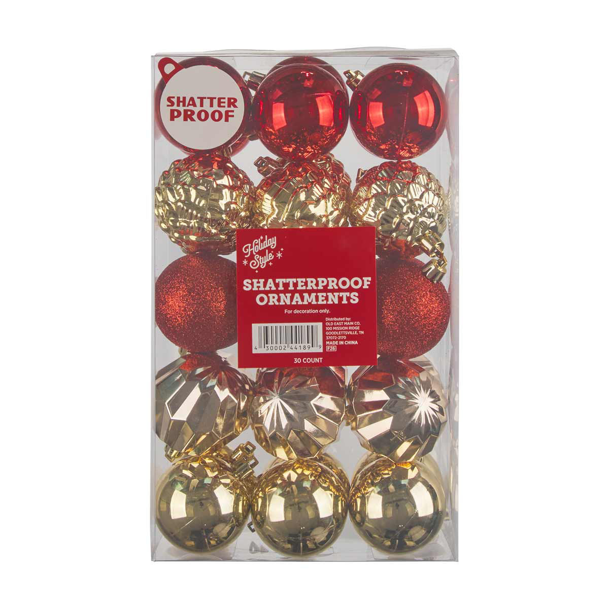 Holiday Style Gold & Red Shatterproof Ornaments, 30 ct