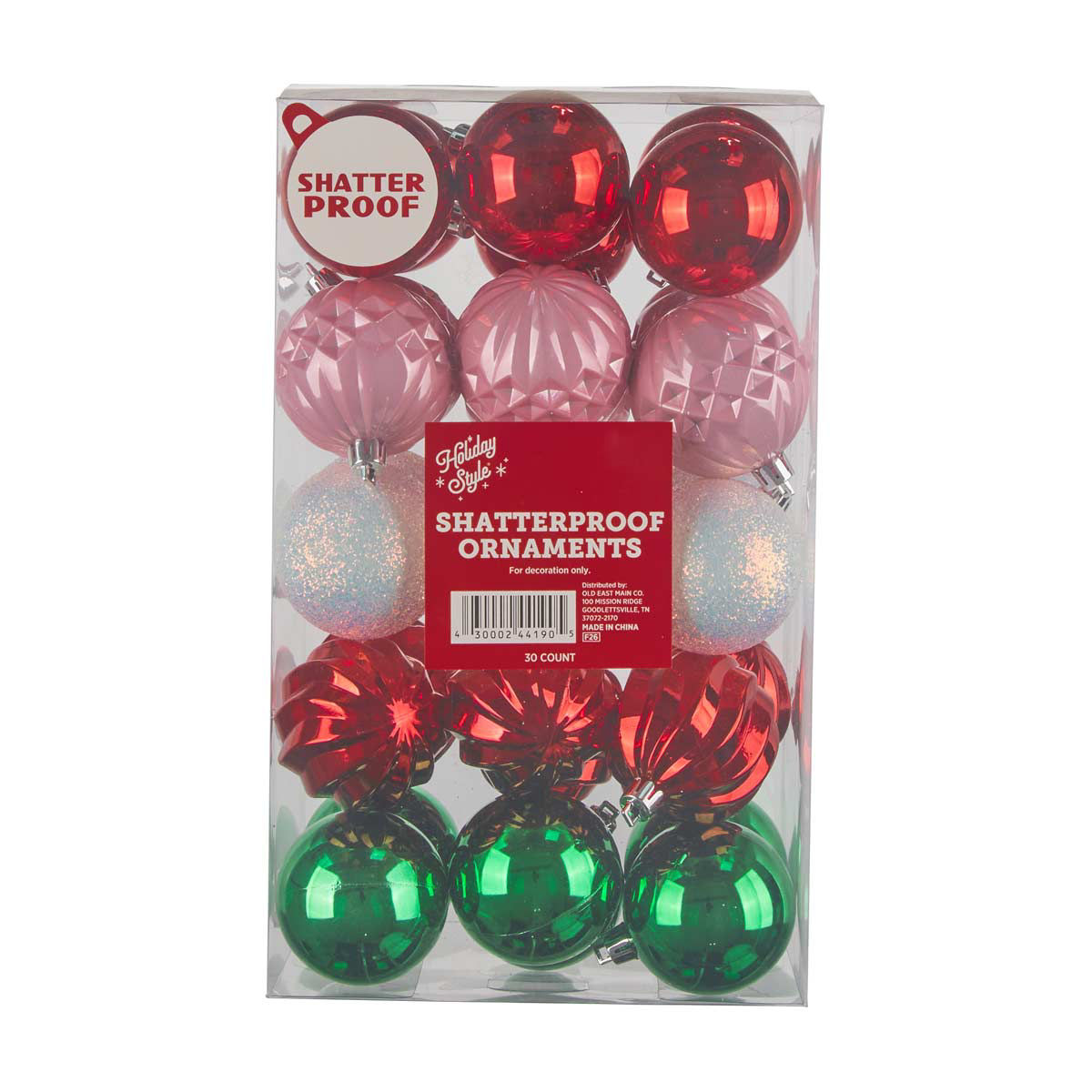 Holiday Style Pink, Red & Green Shatterproof Ornaments, 30 ct