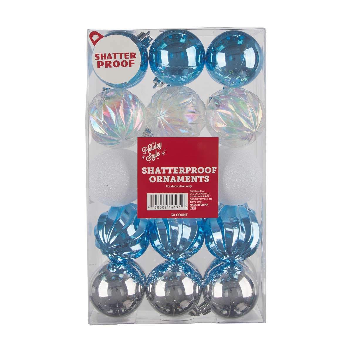 Holiday Style Blue, White & Silver Shatterproof Ornaments, 30 ct