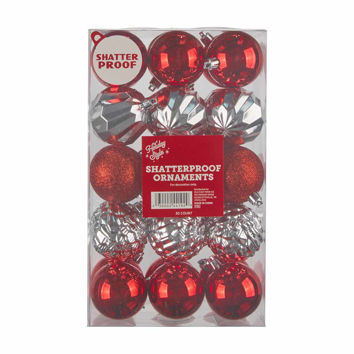Holiday Style Red & Silver Shatterproof Ornaments, 30 ct