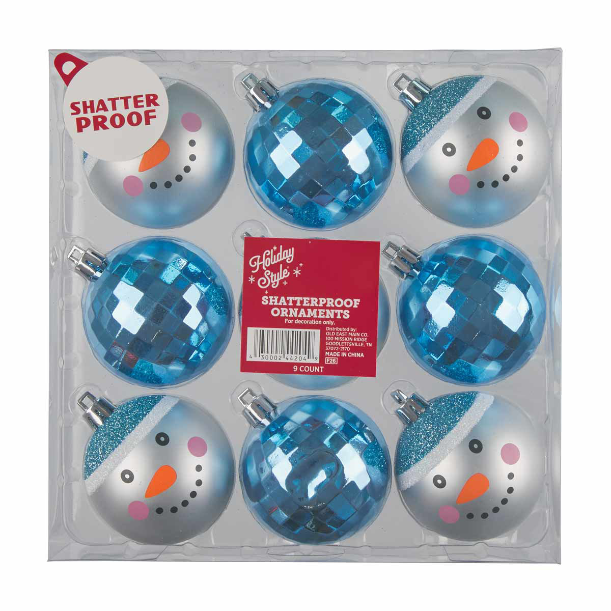 Holiday Style Blue Mirrorball & Snowman Shatterproof Ornaments, 9 ct