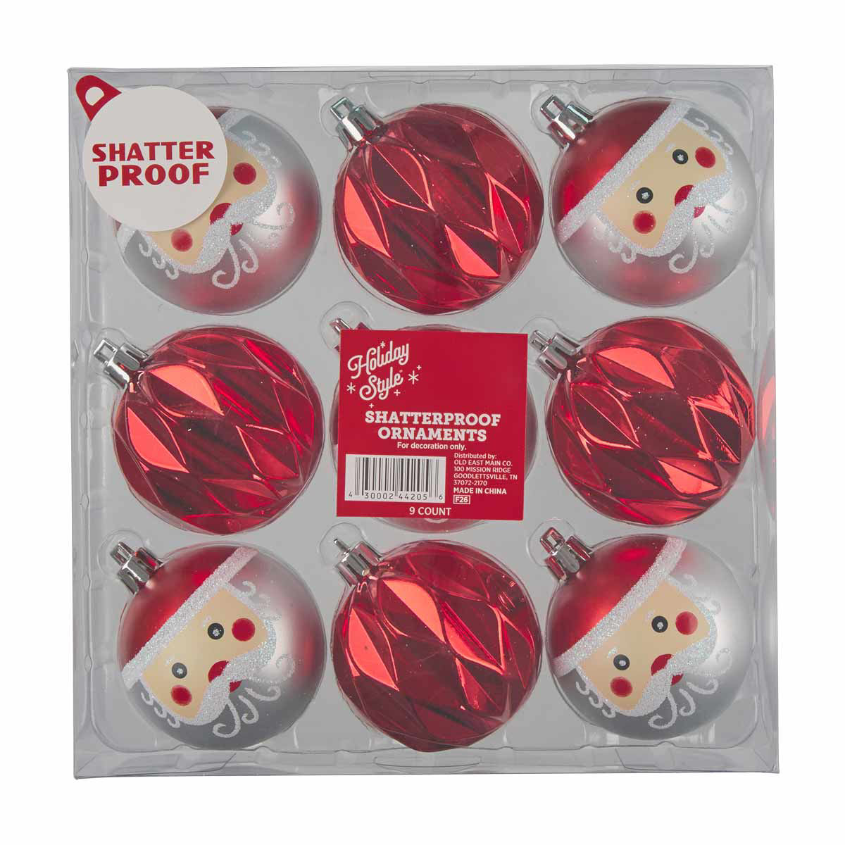 Holiday Style Red Santa Shatterproof Ornaments, 9 ct