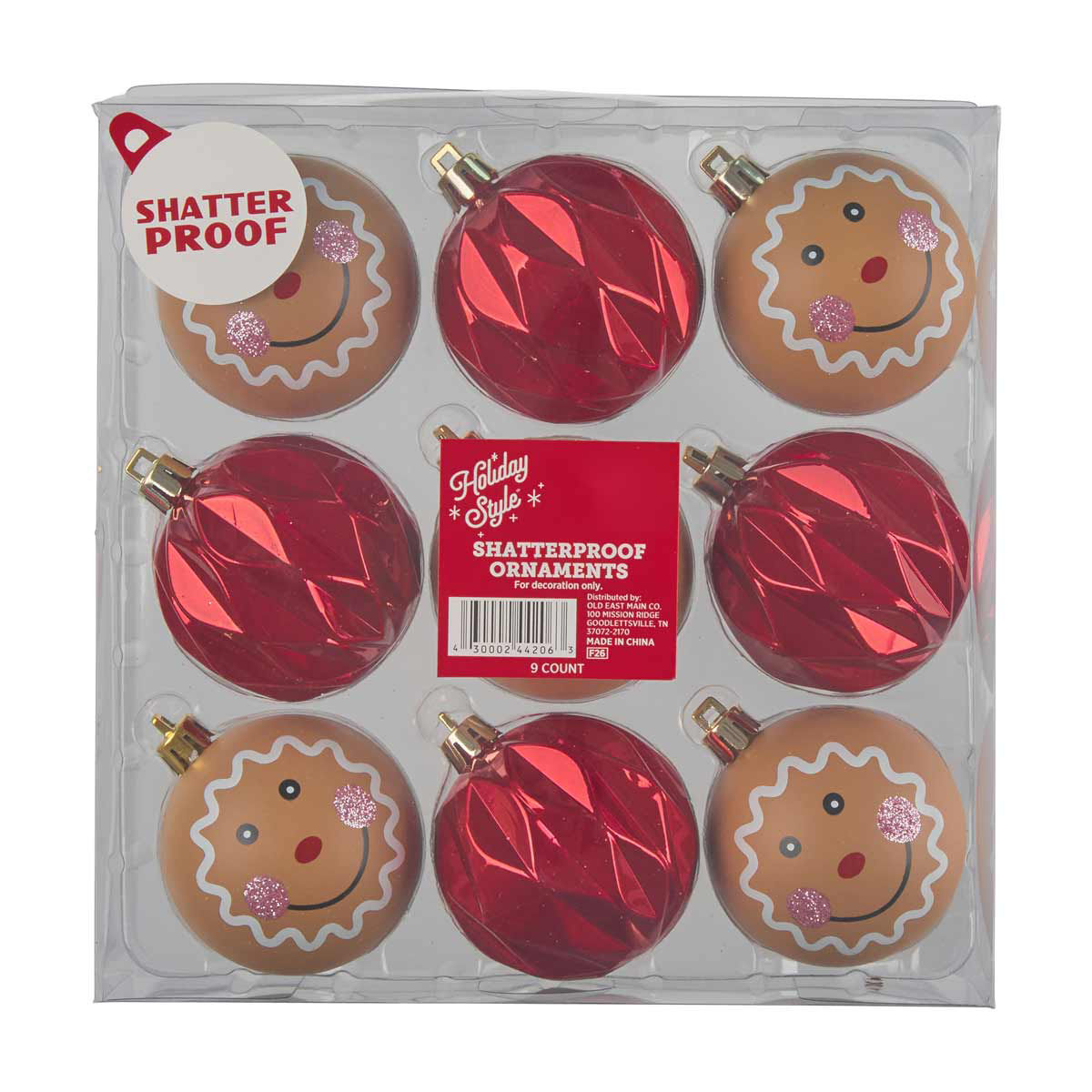 Holiday Style Red Gingerbread Man Shatterproof Ornaments, 9 ct