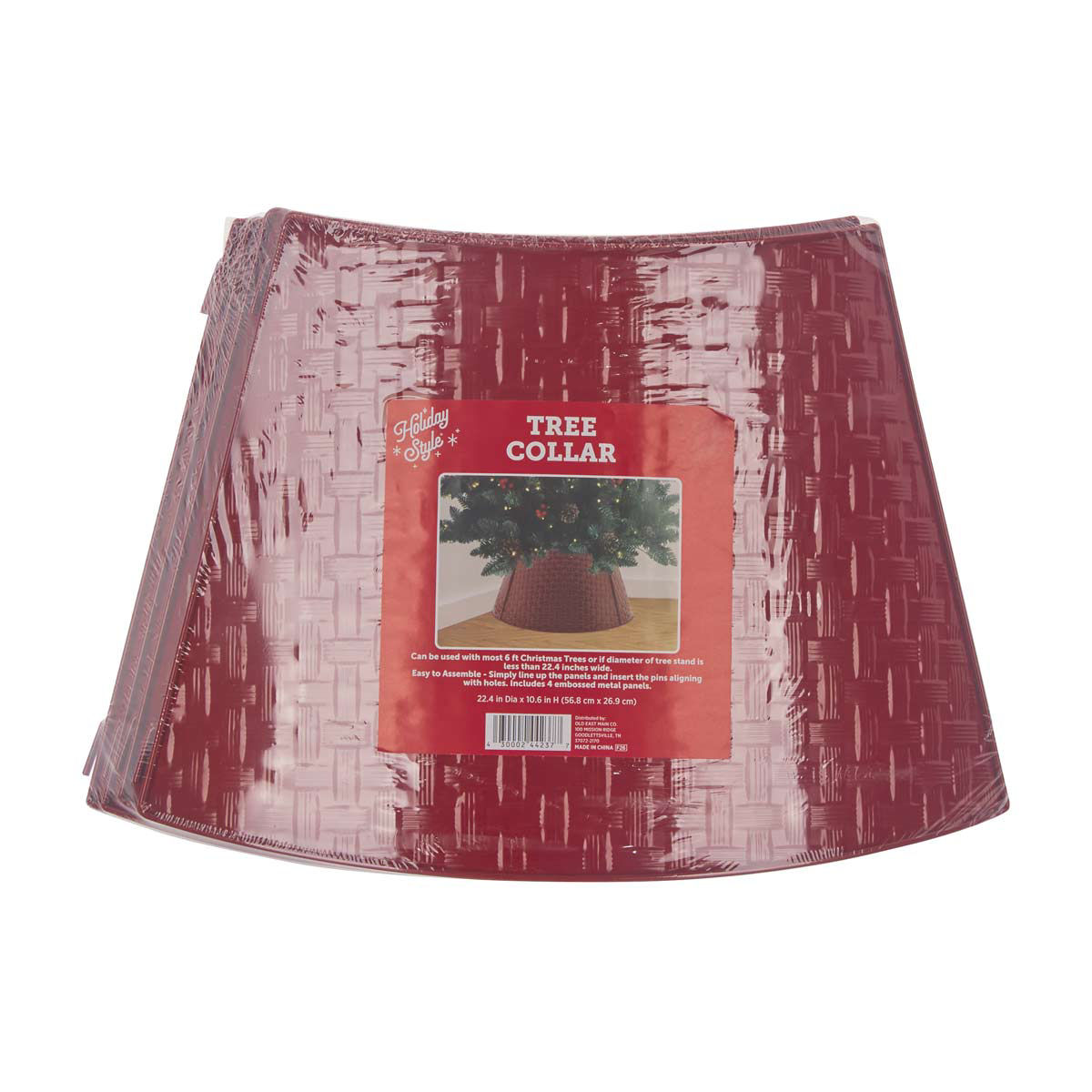 Holiday Style Christmas Red Rattan-Embossed Metal Tree Collar, 22.4x10.6 in