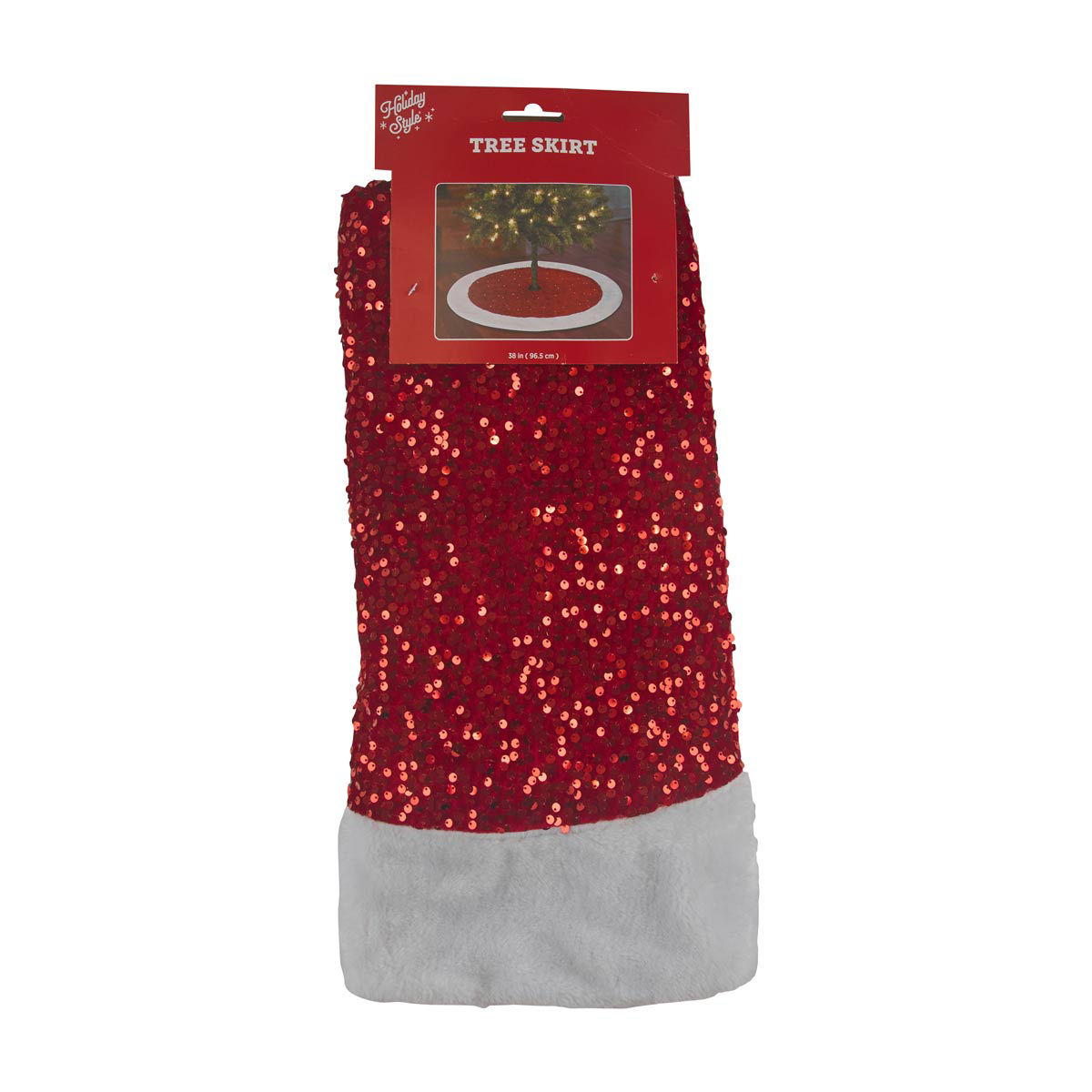 Holiday Style Christmas Red Sequin Tree Skirt with White Faux Fur Trim, 38 in