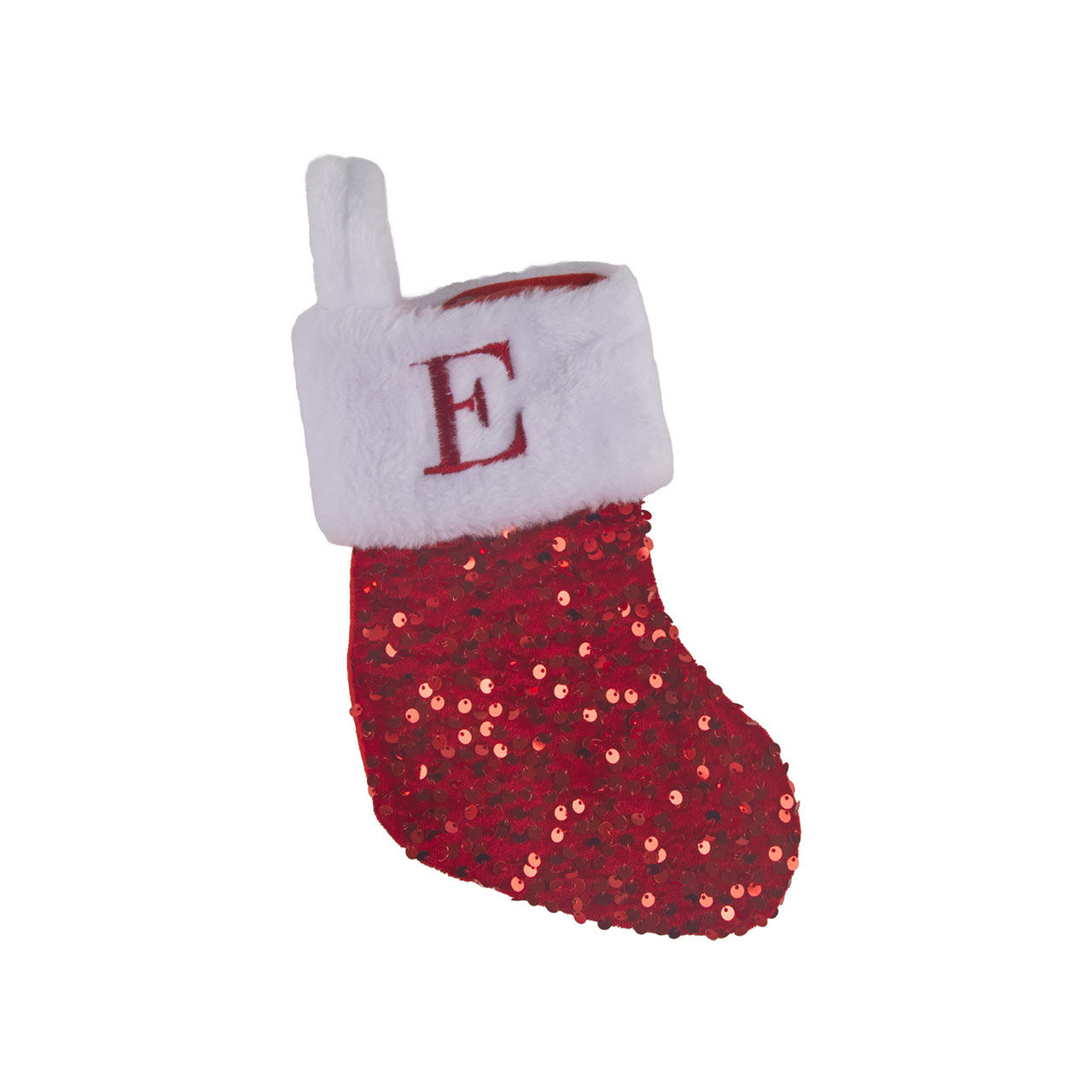 Christmas Red Sequin Monogram Stocking, Letter E, 10 in