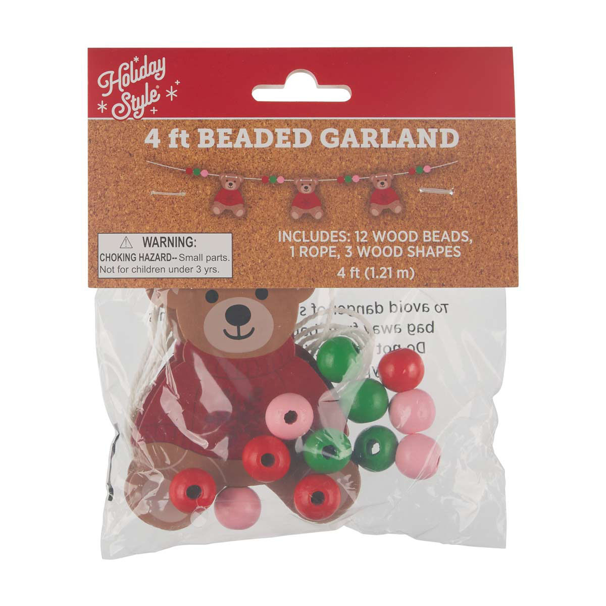 Holiday Style Christmas Wood Bead Garland Craft Kit, 4 ft, 3 Assorted Designs