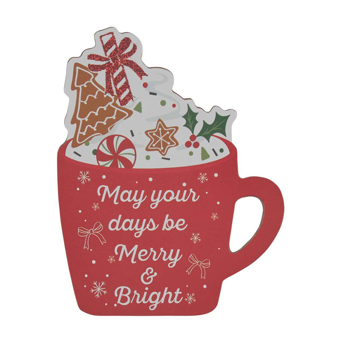 Christmas MDF 'May your days be Merry & Bright' Printed Red Color Mug Shaped Table Décor