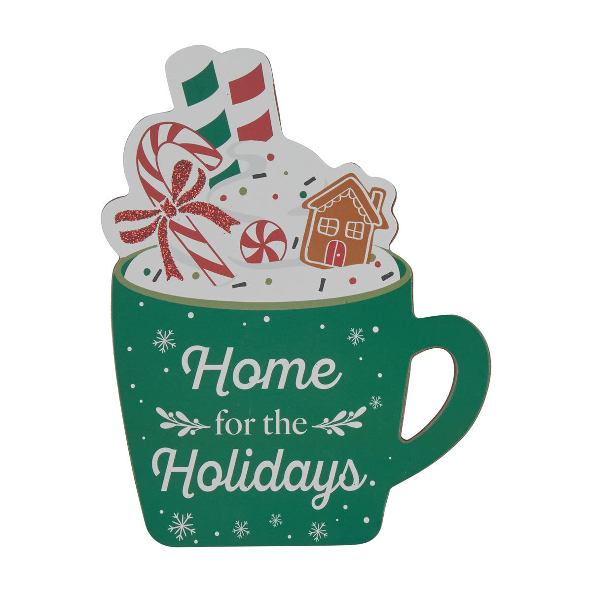 Christmas MDF 'Home for the Holidays' Printed Green Color Mug Shaped Table Décor