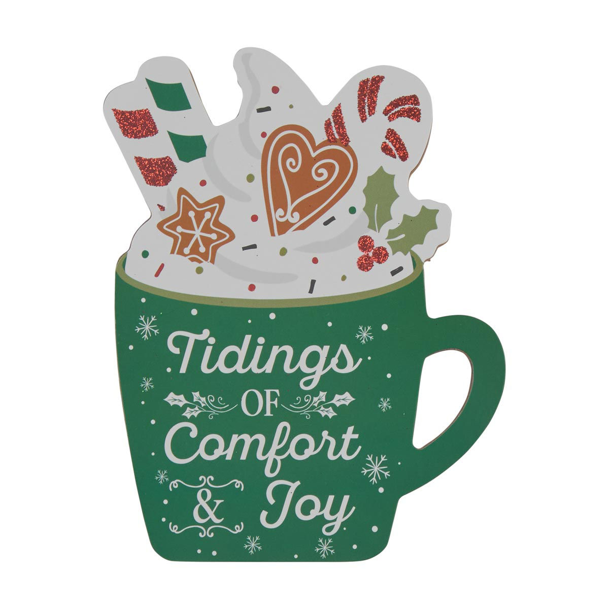 Christmas MDF 'Tidings Of Comfort & Joy' Printed Green Color Mug Shaped Table Décor