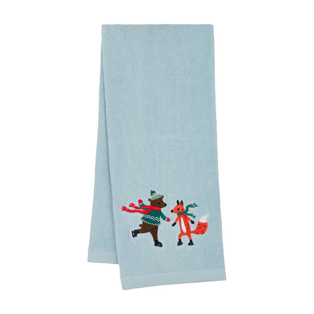 Hallmark Christmas Bear & Fox Skating Embroidered Hand Towel, Light Blue
