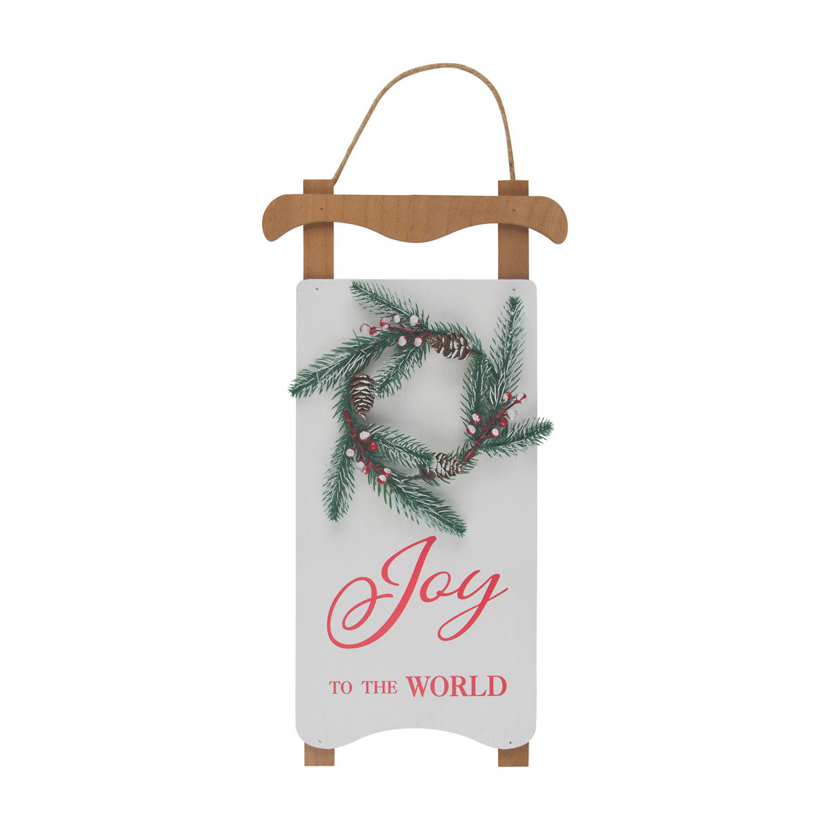 Christmas 'Joy to the World' White Wood Sleigh Hanging Decor with Artificial Eve