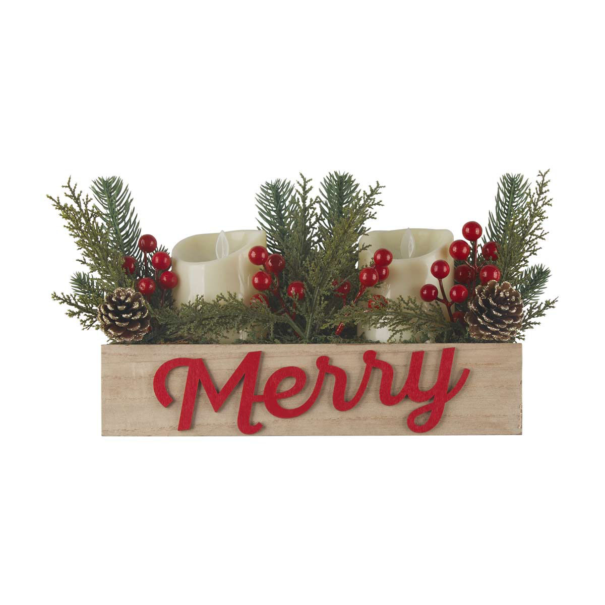 Christmas Wood "Merry" LED Candle Arrangement with Pinecones