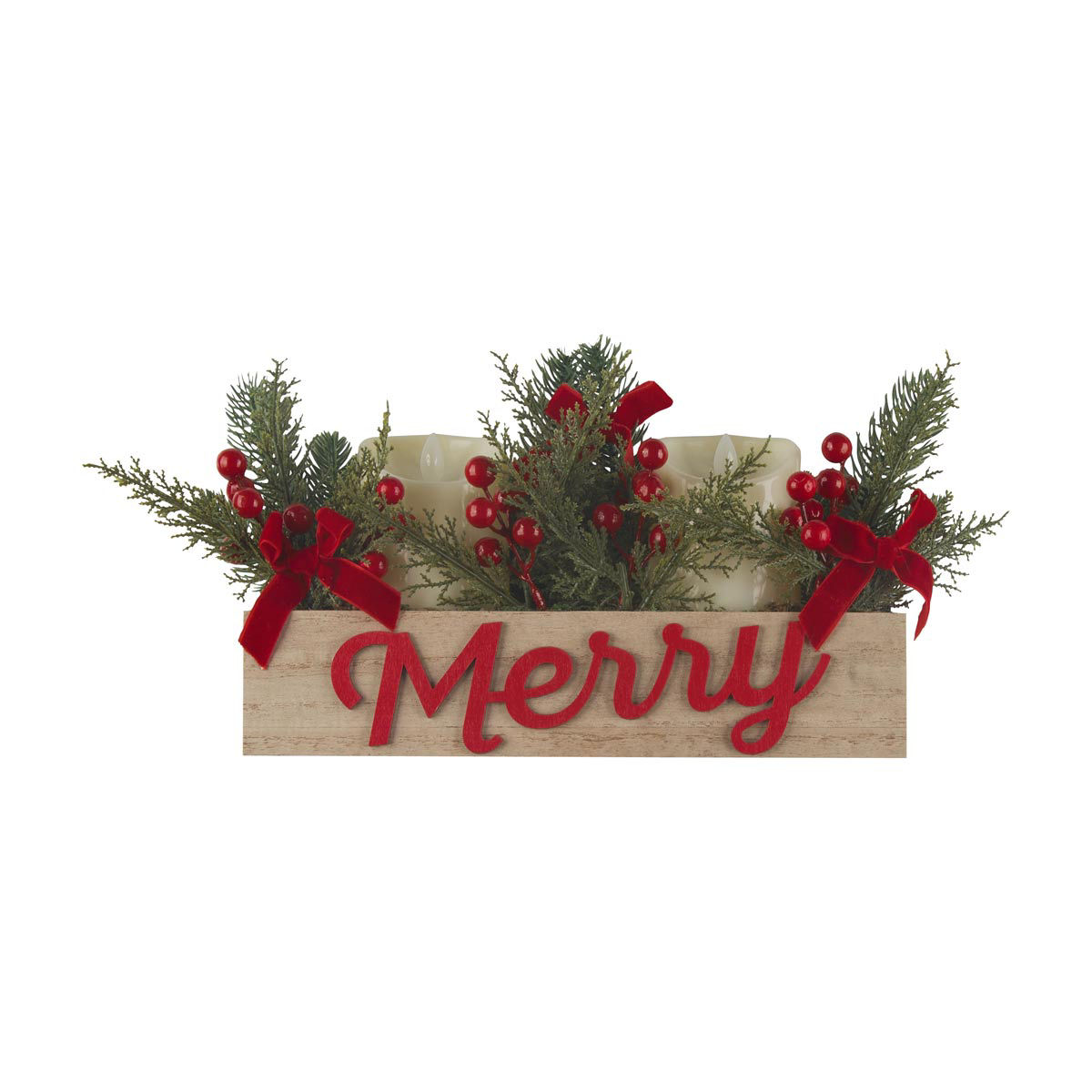 Christmas Wood "Merry" LED Candle Arrangement with Ribbon Bows