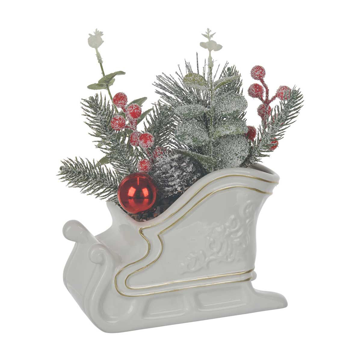 Christmas Artificial Floral Arrangement in Gold Ceramic Sleigh Décor