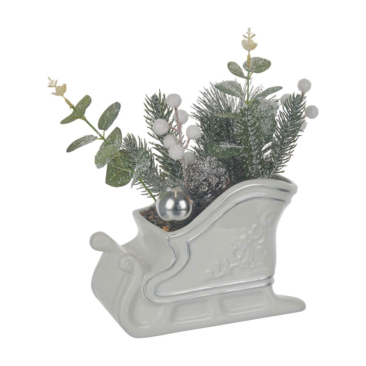Christmas Artificial Floral Arrangement in Silver Ceramic Sleigh Décor
