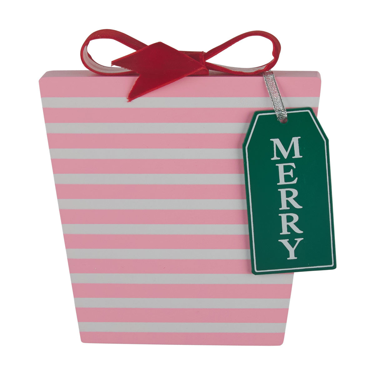 Christmas White Horizontal Stripes Printed Pink Tabletop MDF Gift Box Decor