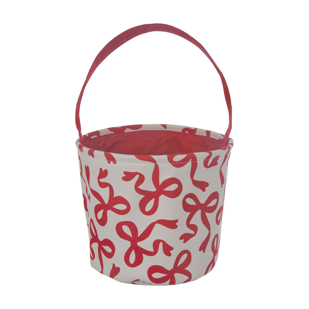 Christmas Cream Ribbon Bow Print Fabric Basket with Red Handle