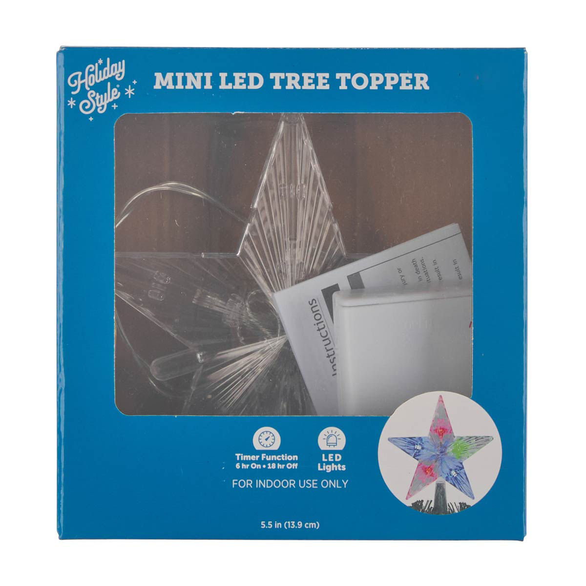 Holiday Style Christmas Clear Mini LED Star Tree Topper with Timer, 5.5 in