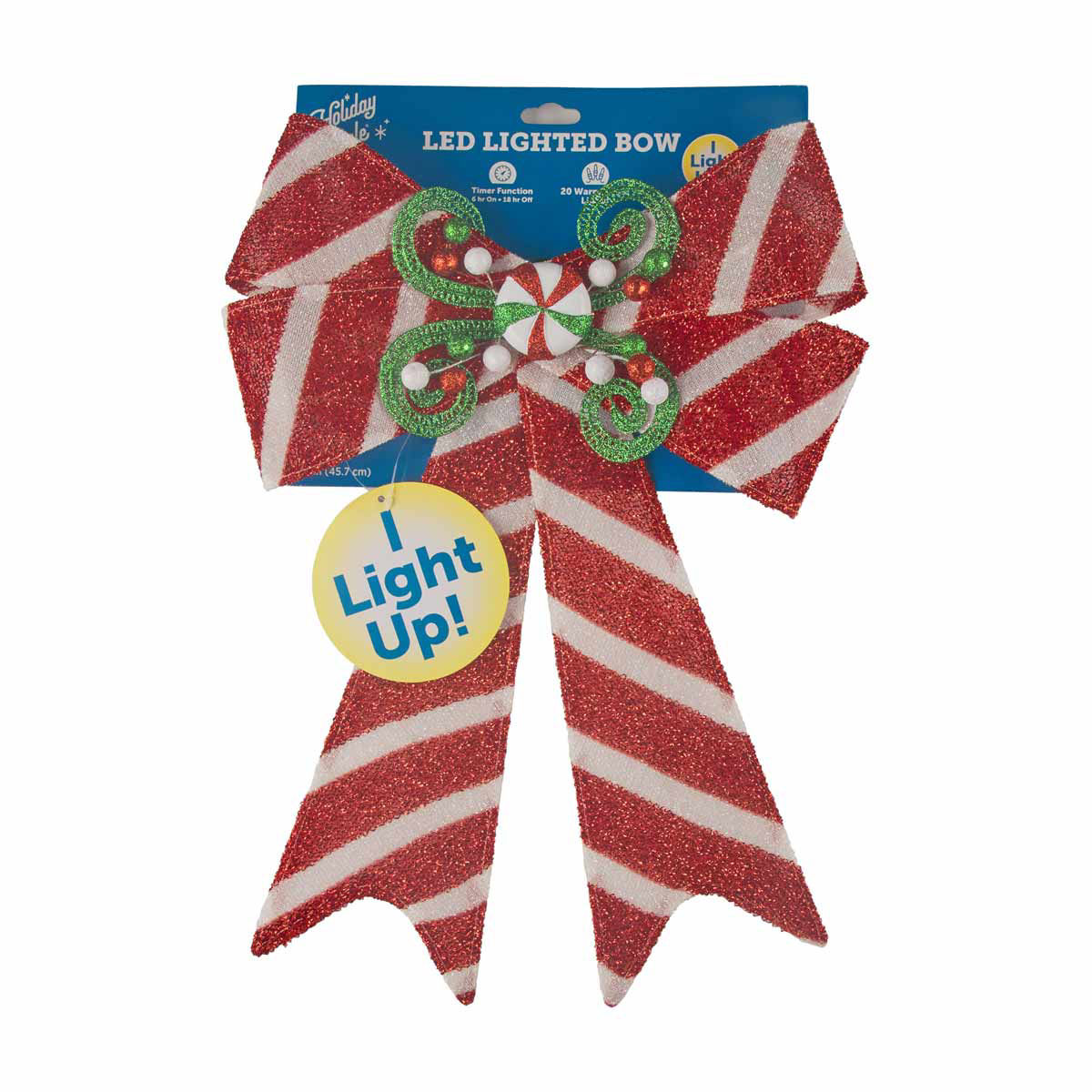 Christmas Red & White Striped LED Light-Up Bow, 18 in
