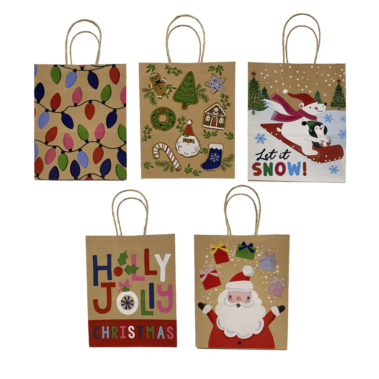 Holiday Style Christmas Kraft Gift Bags, Medium, 5 ct