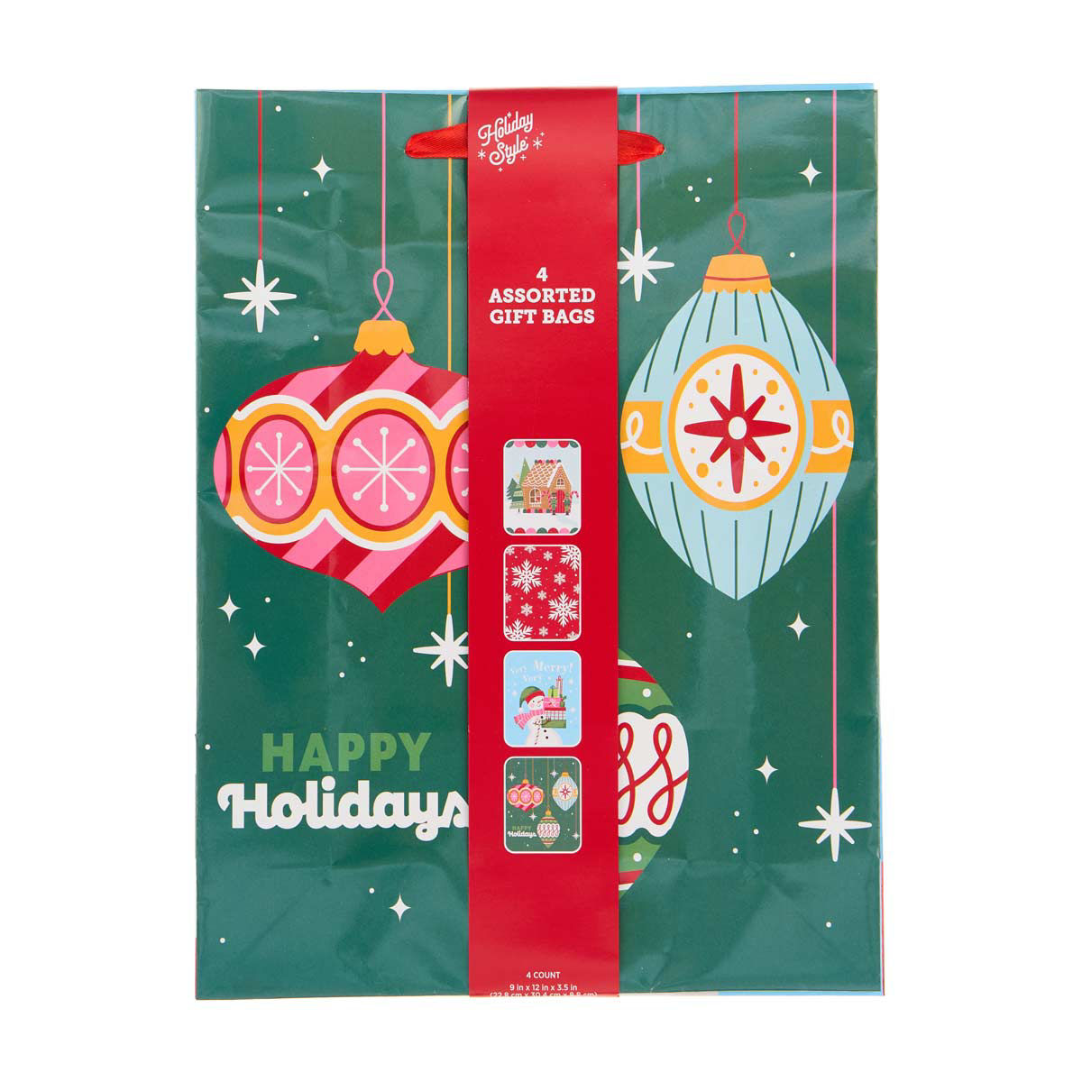 Holiday Style Christmas House and Snowflakes Print Large Gift Bags, 4 ct